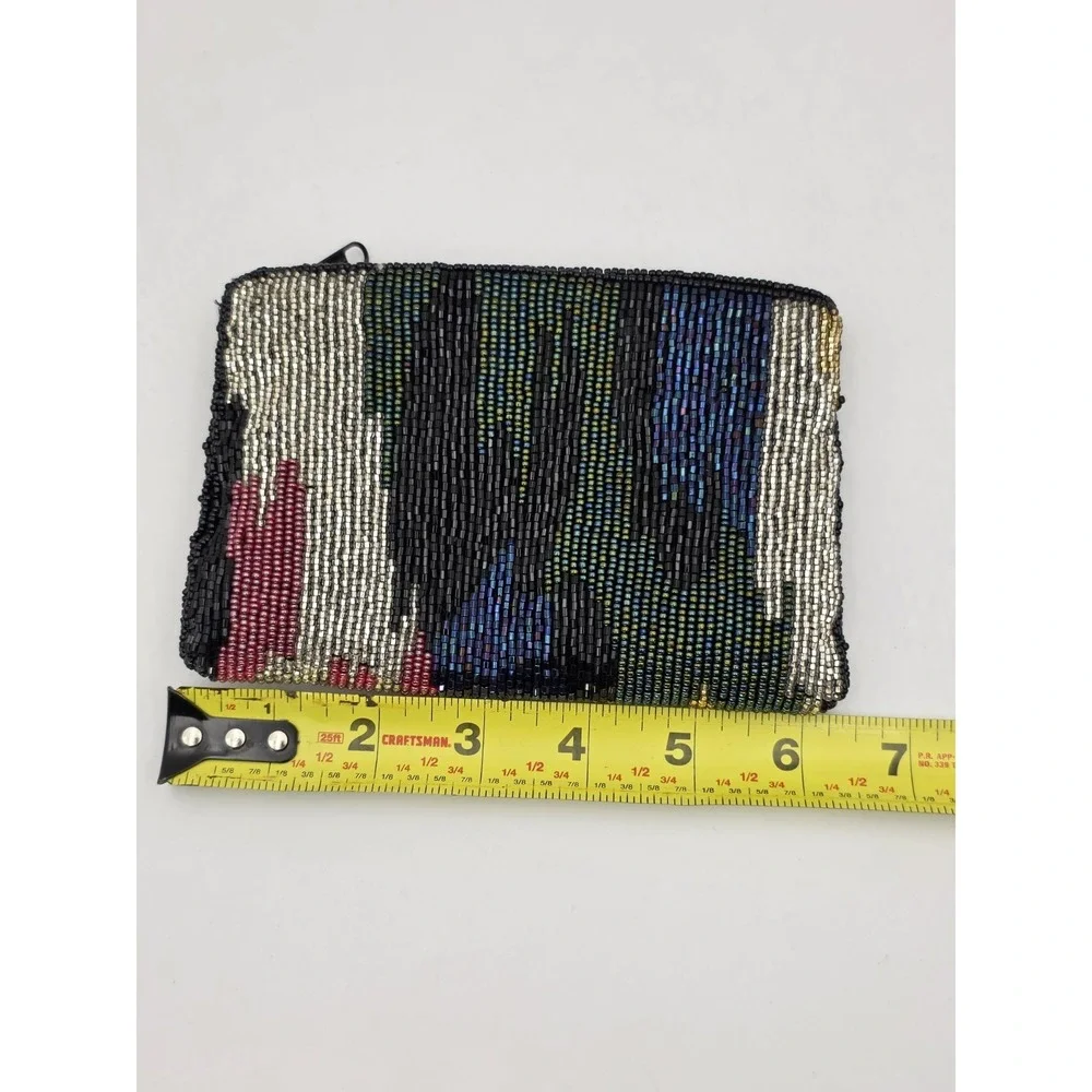 VTG Neiman‎ Marcus Beaded Coin Purse Clutch Abstract Zip Black Gold 6x4